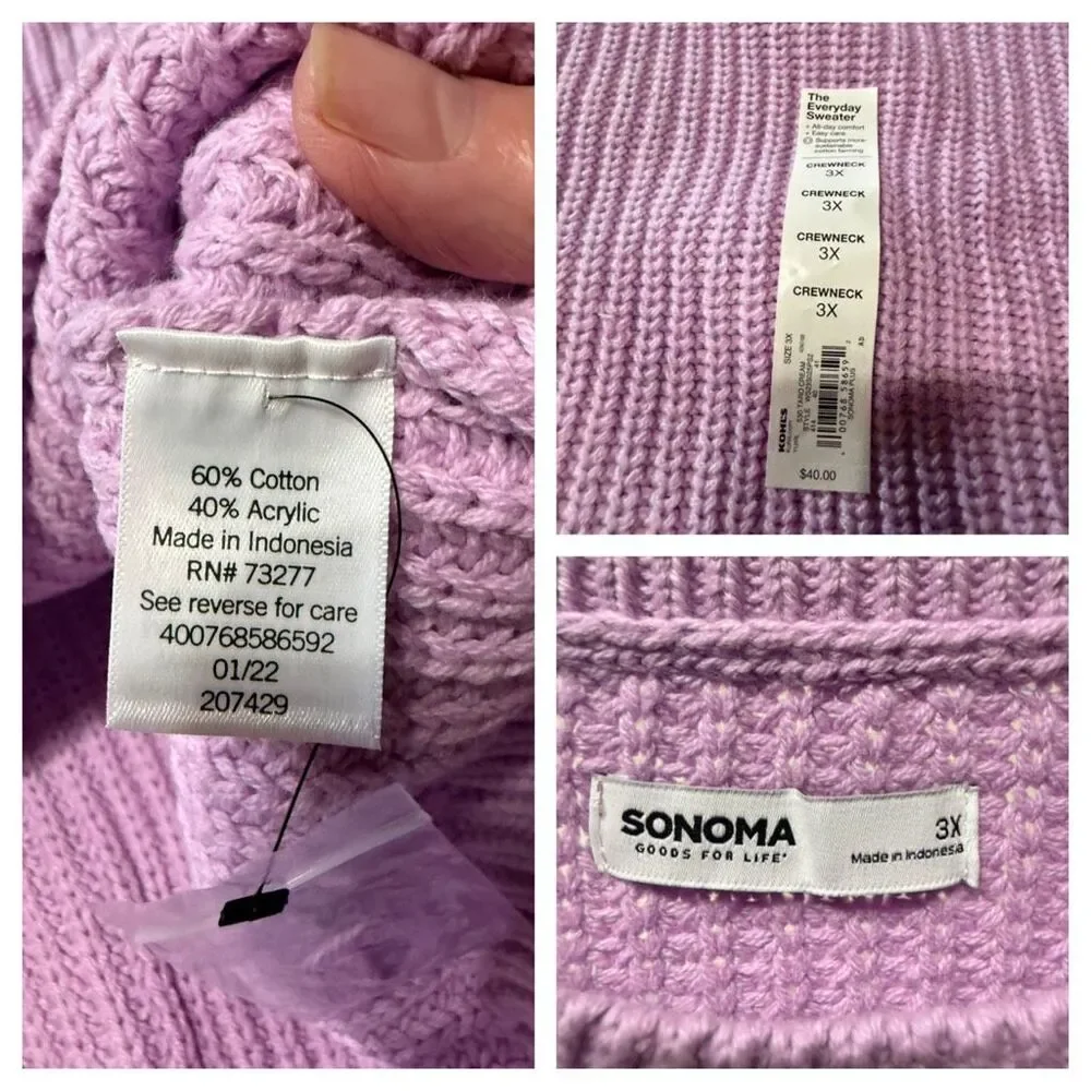 Sonoma Everyday Cotton Blend Fine Cable Lilac sweater Sz 3X NWOT - Picture 3 of 6